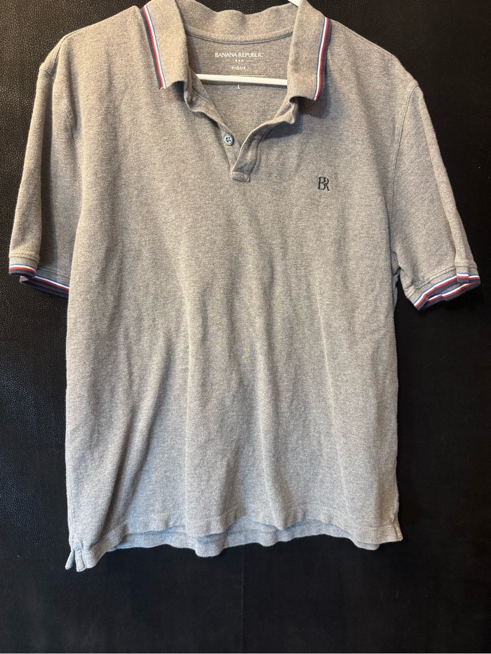 Banana Republic Mens Large Pique Polo Shirt Gray 100% Cotton Striped Trim